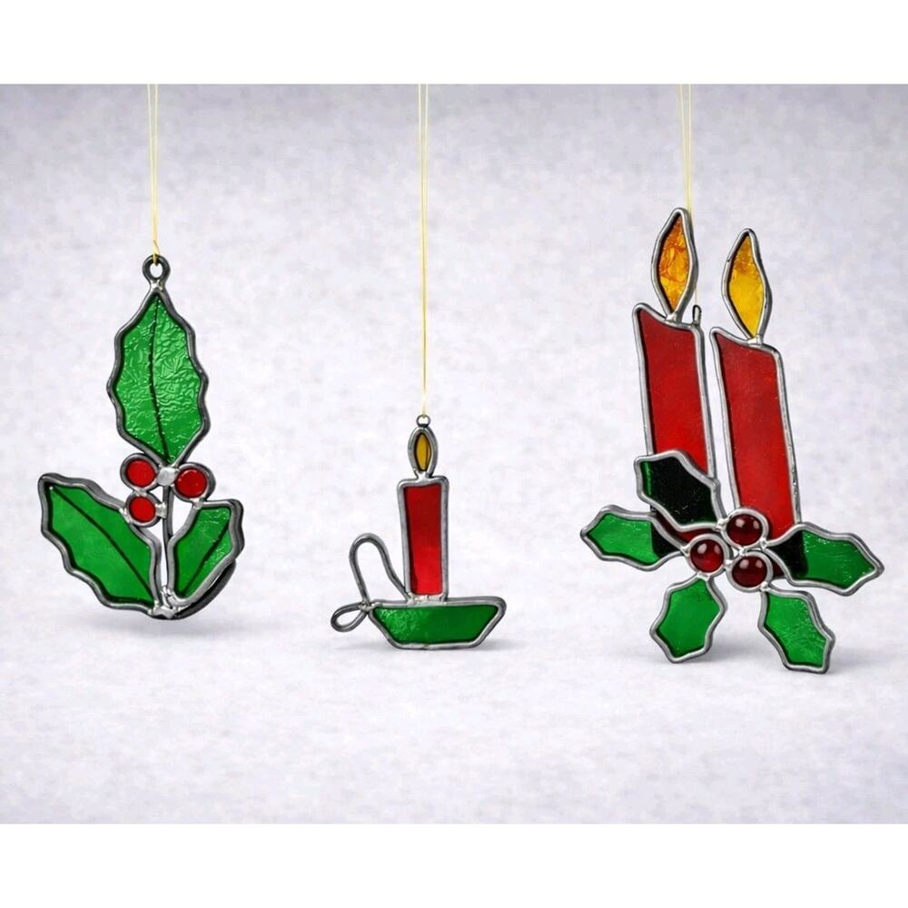 VTG Stained Glass Christmas Holly Candles Suncatcher Handmade Holiday Decoration